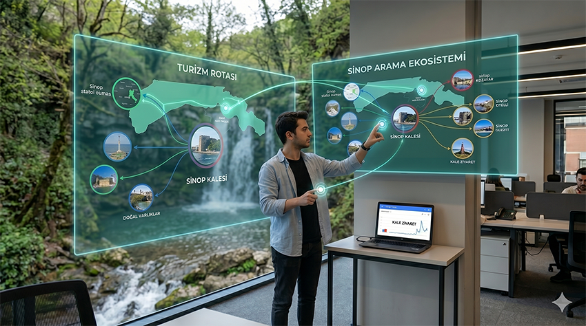 sinop popüler aramalar Analistimiz, Sinop'un yeni "Dijital Hub"ı olarak adlandırılan, modern ve işbirlikçi bir çalışma alanında. Bu hub, tarihi bir yapının içinde modern bir tasarıma sahip. Analist, bir masa etrafında diğer yerel paydaşlarla (otelciler, festival organizatörleri, şehir yetkilileri) bir araya gelmiş. Masanın ortasında, önceki dört sahnedeki veri akışlarını (şelaleler, festival, cezaevi, oteller) tek bir stratejik haritada birleştiren devasa bir interaktif ekran var. Ekranın başlığı "SİNOP DİJİTAL STRATEJİSİ". Analist, bu bütünsel yaklaşımı sunarak Sinop'un geleceği için dijital bir rota çiziyor.